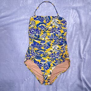 J CREW Tropical Floral Halter One Piece Swimsuit Yellow Blue Womens Large